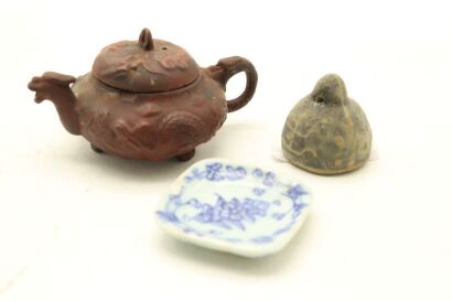 A Chinese Blue and White Small Pot AND A Blue and White Small Dish AND A Blue and White Porcelain Weight