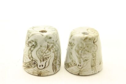 A Pair of Chinese Ming Dynasty Blue and White Dragon Paperweights-John Perry Collections