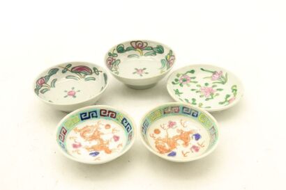 Three Chinese Qing Dynasty Famille-rose Flowers Dishes AND Two Famille-rose Dragon Small Dishes-John Perry Collections