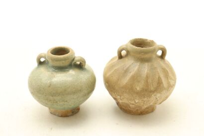 Two Chinese Song Yuan Period Celadon-glazed Handled Small Jars-John Perry Collections