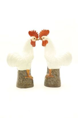 A Pair of Chinese 20th Century Famille Rose 'Rooster' Ornaments (Restoration)-John Perry Collections