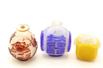 A Group of Three Chinese Beijing Glass 'Longevity and Peony' Snuff Bottles-John Perry Collections