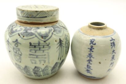 A Chinese Qing Dynasty Blue and White Bat and Shou Jar AND An Early Qing Dynasty Blue and White Small Jar-John Perry Collections