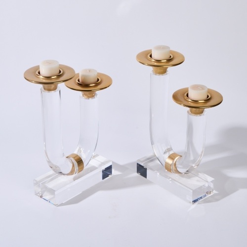 A Pair of Charles Hollis Jones Hollywood Regency Brass and Lucite Candleholders