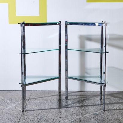 A Pair of Richard Young for Merrow Asociates Chrome Glass Corner Shelving