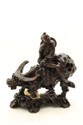 A Chinese Qing Dynasty Old Wooden 'Child and Buffalo' Ornament-John Perry Collections