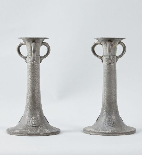 A Pair of English Pewter Arts and Crafts Candlesticks 