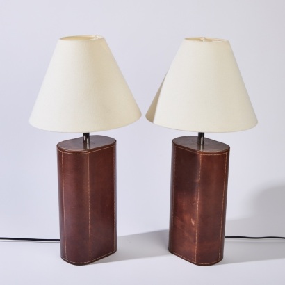 A Pair of Brown Leather Table Lamps by Eunice Taylor Studios