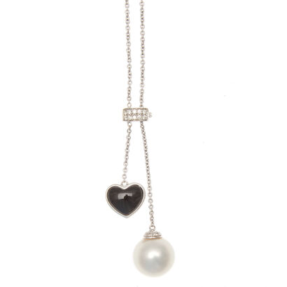 18ct White Gold Pearl, Diamond and Onyx Pendant
