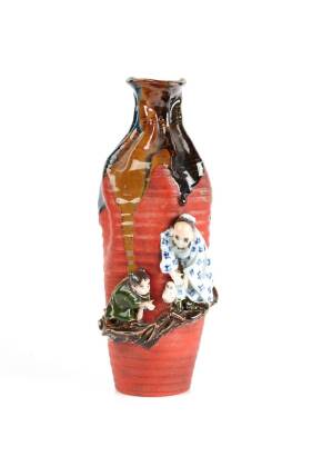 A Tall Sumida Pottery Vase of Ribbed Sack Cloth Form with Twisted Neck