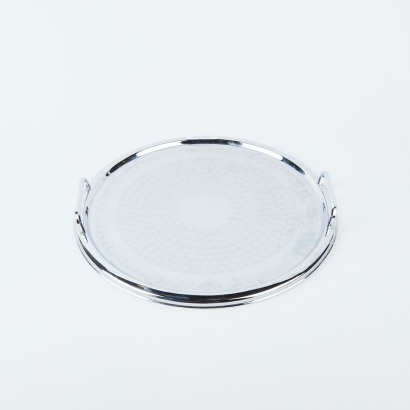 A Mid Century Stainless Steel Round Drinks Tray with Handles