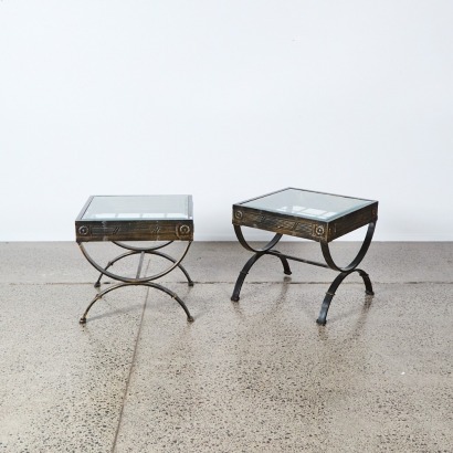 A Pair of Empire Style Metal And Glass Side Tables