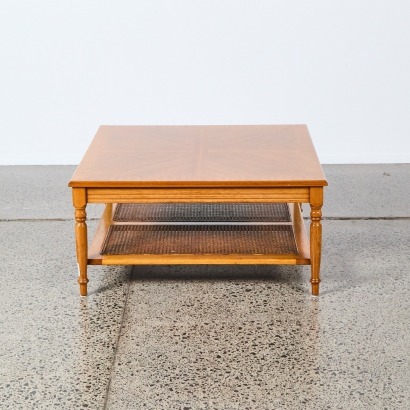 A Vintage Square Oak Coffee Table with Lower Rattan Shelf