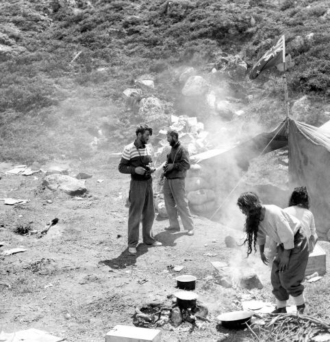 THE TIMES LONDON Sir Edmund Hillary and Geof Harrow at Base Camp in Berun Valley