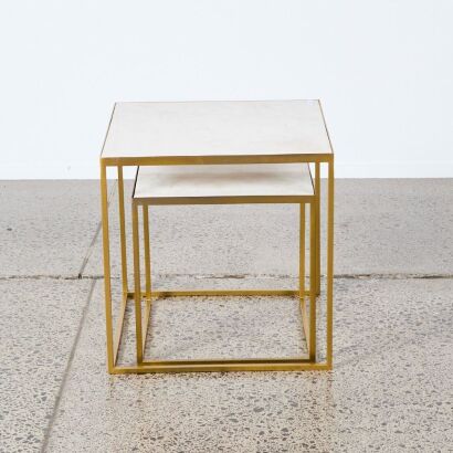 A Pair of Nesting Tables with Metal Frame with Solid White Marble Tops