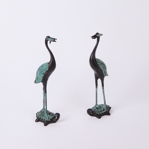 A Pair Of Bronze Cranes On Turtle Backs