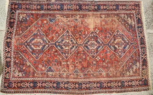 A Large Vintage Persian Shiraz Rug With Wear Dark Red, Blue