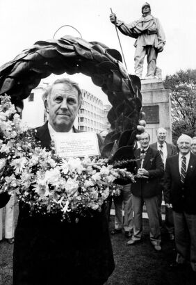 Sir Edmund Hillary with Wreath Along with Fellow Expedition Team Members Commemorate Big Treck